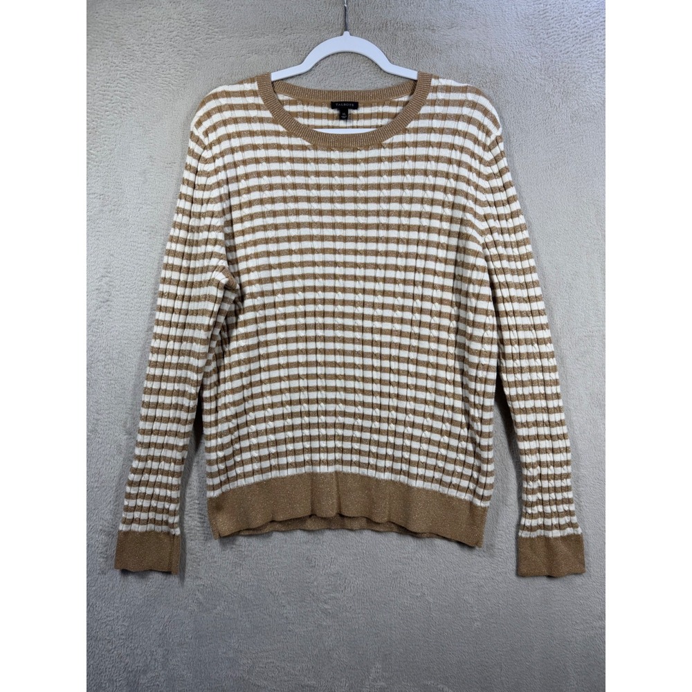 Talbots Sweater Women XL Tan White Striped Metallic Cable Knit Crewneck Pullover